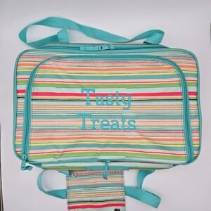 Thirty-One Perfect Party Set Teal Striped Insulated Expandable Picnic Carrier